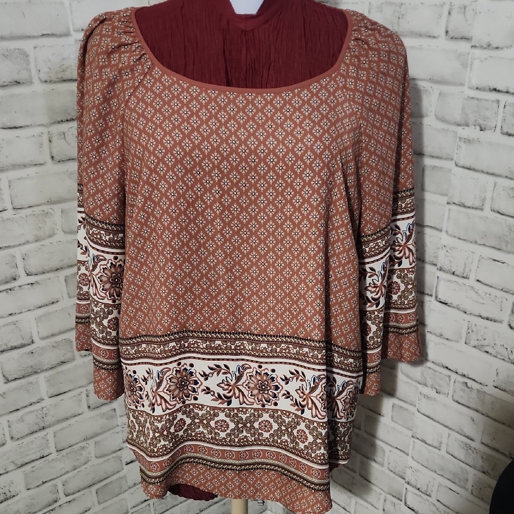 Cato Women's Rust and Cream Patterned Blouse